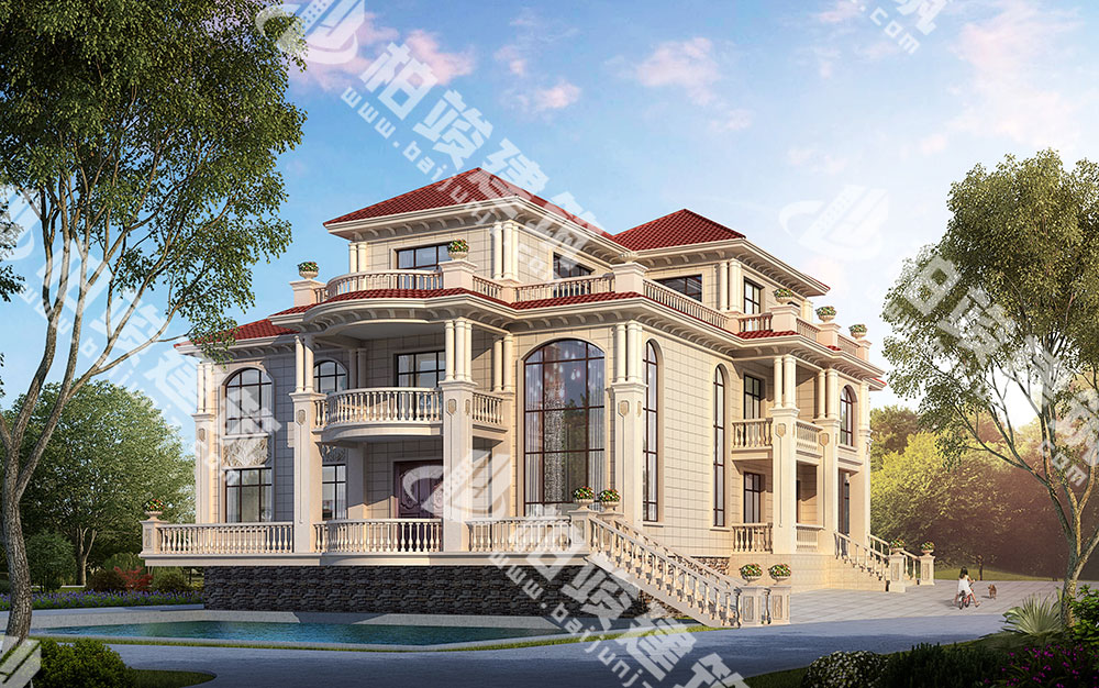 豪華三層農(nóng)村別墅，簡歐風(fēng)格，復(fù)式客廳帶超高落地窗，大占地有大氣派