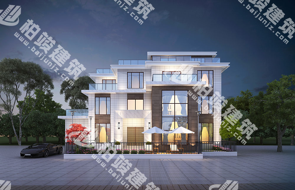 農(nóng)村三層自建房設(shè)計圖，現(xiàn)代感外形，平屋頂設(shè)計，帶車庫、5露臺