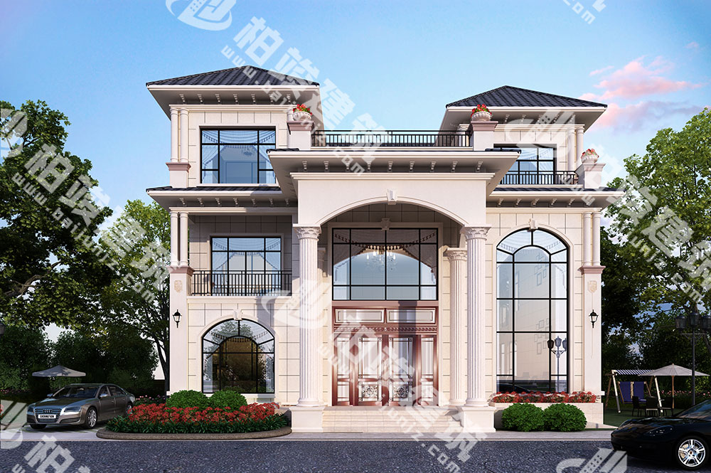 農(nóng)村三層簡歐風(fēng)別墅設(shè)計圖，超寬闊門庭大氣尊貴，帶挑空客廳落地窗