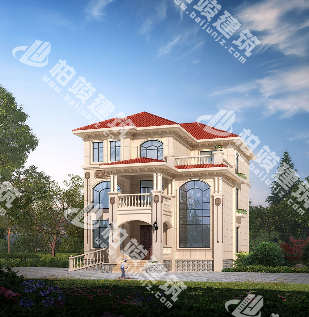 農(nóng)村三層別墅設(shè)計圖紙，簡歐風(fēng)格，帶雙層落地窗、輪椅坡道