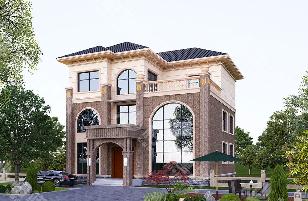 農(nóng)村自建房設(shè)計圖，三層簡歐風格，外形恢弘典雅，帶超高落地窗、電梯、煙囪