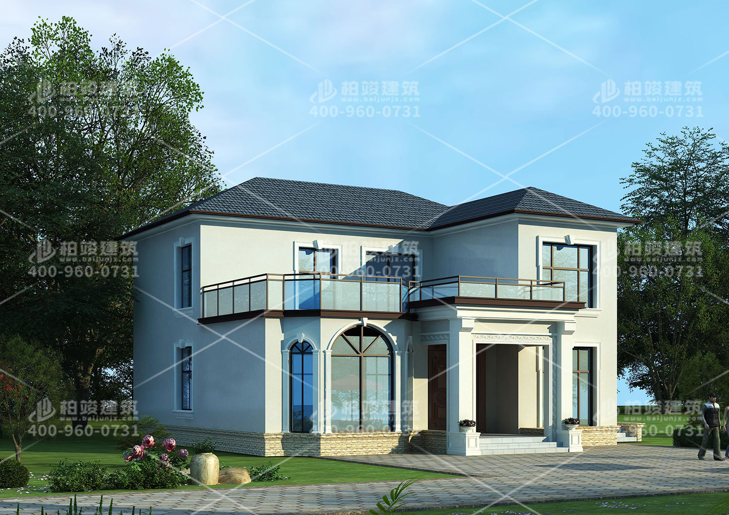 二層自建房效果圖，帶挑空客廳。