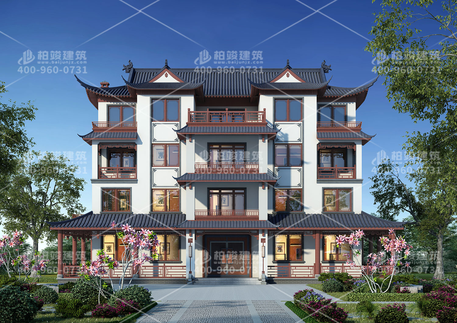 四層中式別墅效果圖，帶車庫設(shè)計(jì)出行更方便。