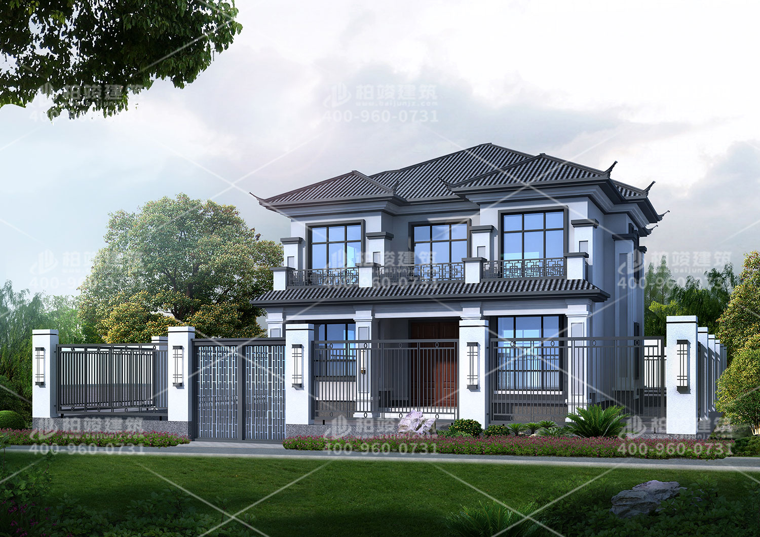 中式二層房屋設(shè)計(jì)圖，帶圍欄和小庭院。