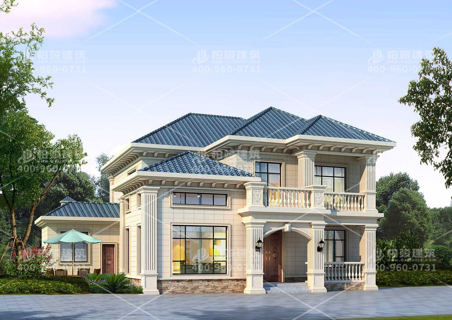 新中式別墅設(shè)計圖，帶輔房墨綠色房頂。