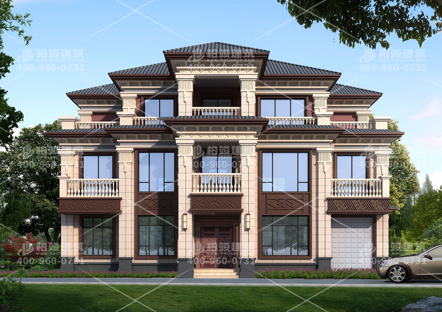 三層新中式別墅效果圖大全，帶車庫大面積豪華別墅。