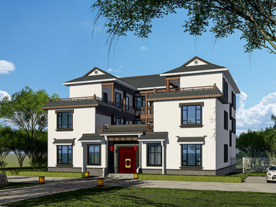 三層中式帶院子別墅效果圖，像古代大官府邸。