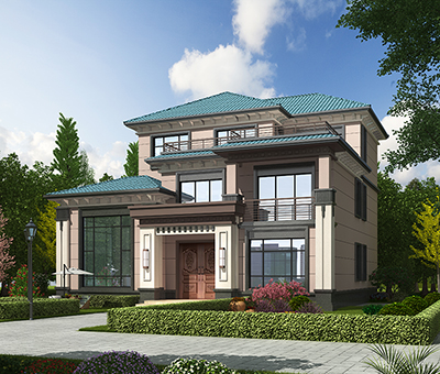 鄉(xiāng)村三層樓房設(shè)計(jì)圖，墨綠色斜屋頂。