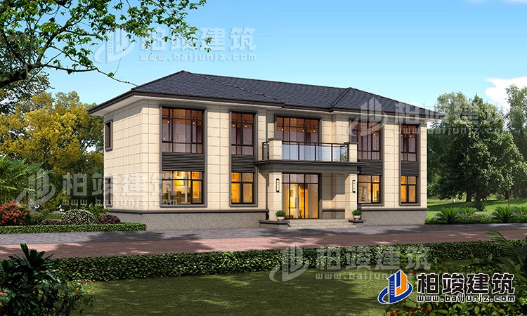 新中式二層別墅，米白色格子線條外墻十分好看。