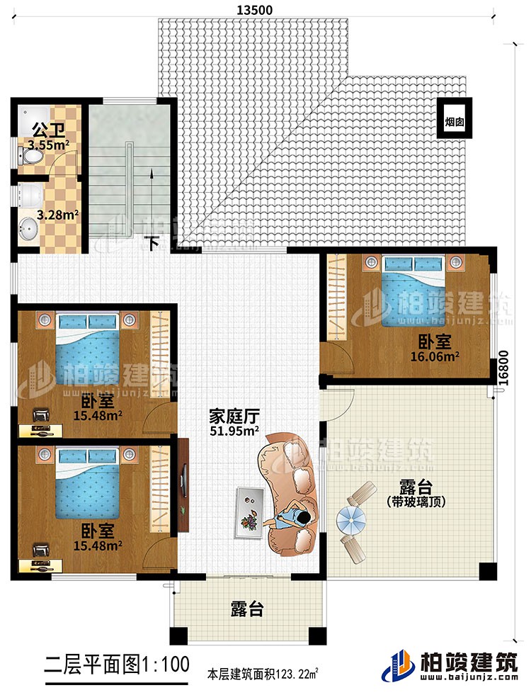 二層：3臥室，家庭廳，2露臺(tái)，公衛(wèi)。