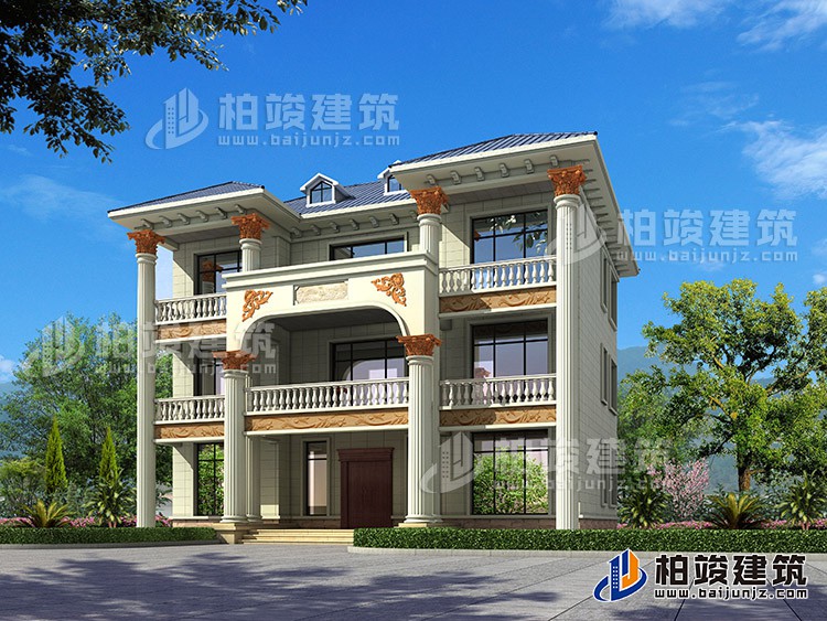 新農(nóng)村私人三層別墅建筑設(shè)計(jì)施工圖，全套別墅設(shè)計(jì)圖紙BZ372-簡歐風(fēng)格