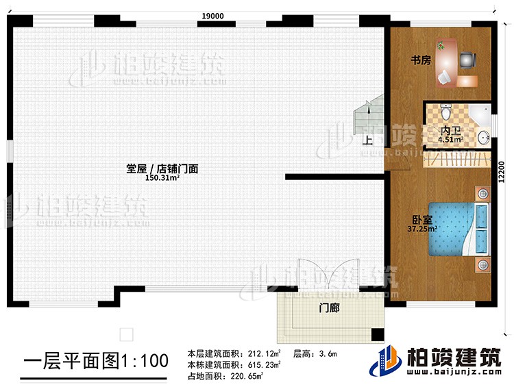 一層：門廊、堂屋/店鋪門面、臥室、書房、內(nèi)衛(wèi)