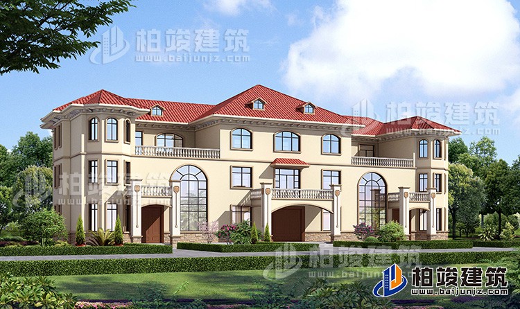 新款農(nóng)村三拼三戶別墅設(shè)計(jì)圖及效果圖三層戶型，外觀靚麗新穎BZ387-簡(jiǎn)歐風(fēng)格