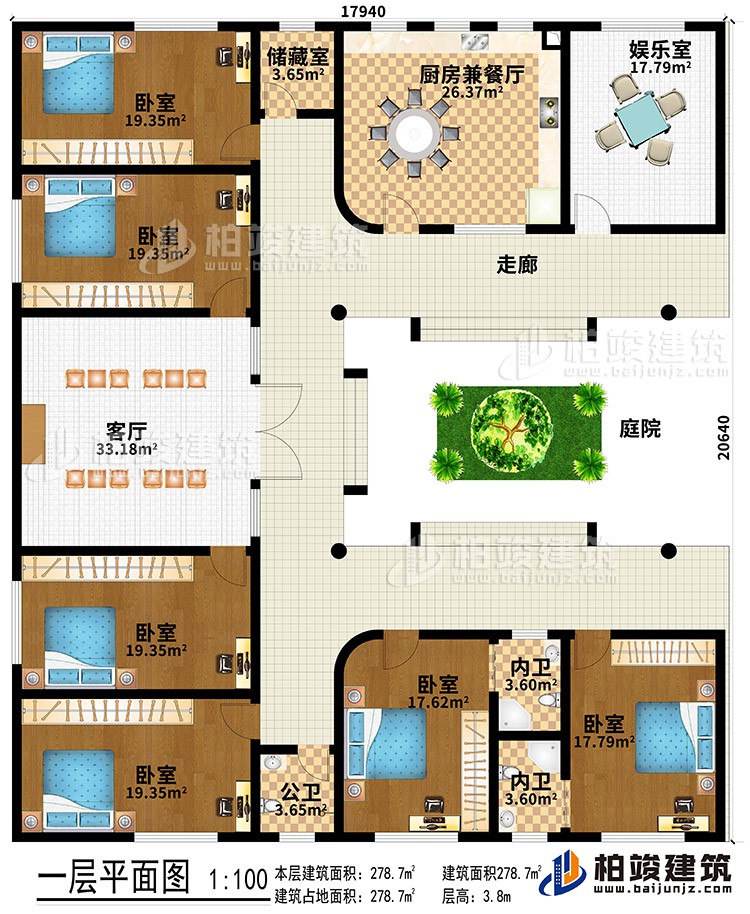 一層：庭院、走廊、客廳、娛樂(lè)室、廚房兼餐廳、儲(chǔ)藏室、6臥室、公衛(wèi)、2內(nèi)衛(wèi)