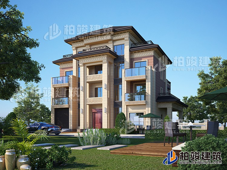 新款農(nóng)村四層別墅設(shè)計圖紙及效果圖，外立面清新別致BZ412-新中式風(fēng)格