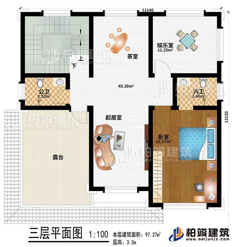 三層：起居室、茶室、娛樂室、公衛(wèi)、內(nèi)衛(wèi)、臥室、露臺