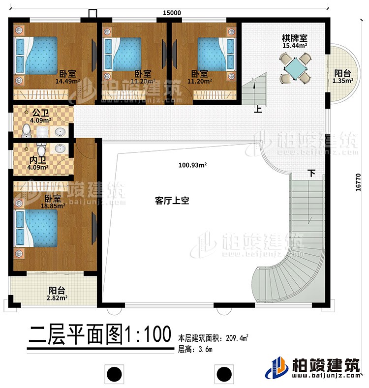 二層：4臥室、公衛(wèi)、內(nèi)衛(wèi)、棋牌室、2陽臺(tái)、客廳上空