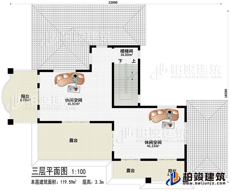 頂層：2休閑空間、2露臺(tái)、2陽(yáng)臺(tái)、樓梯間