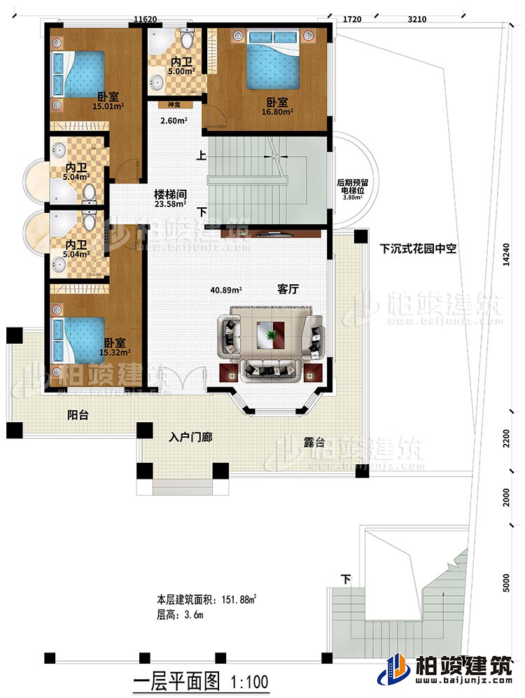 一層：入戶門廊、陽臺、露臺、客廳、樓梯間、神龕、3臥室、3內衛(wèi)、后期預留電梯位、下沉式花園中空