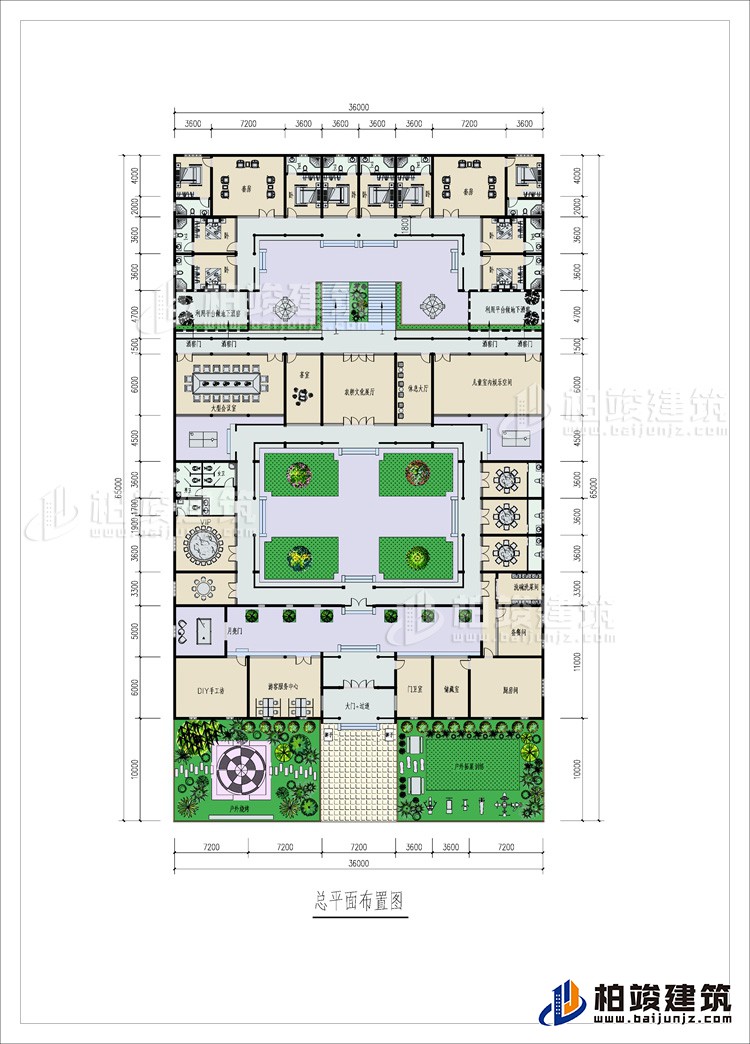 一層：2戶外花園、大門+磚碉、門衛(wèi)室、游客服務(wù)中心、手工坊、3儲藏間、5餐廳、公衛(wèi)、13內(nèi)衛(wèi)、大型會議室、茶室、文化大廳、休息大廳、兒童室內(nèi)娛樂空間、客廳、10臥室