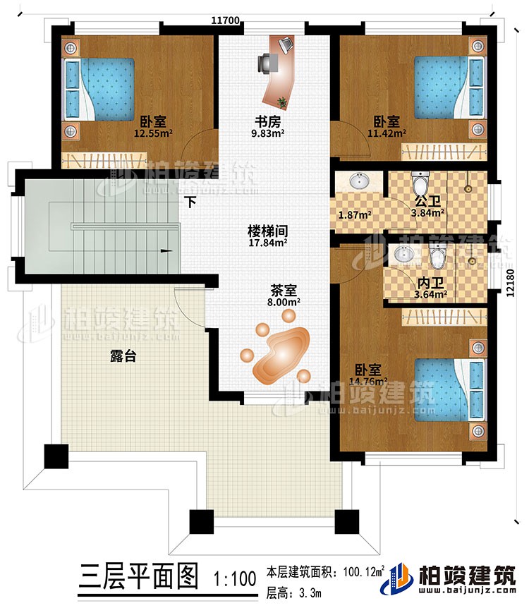 三層：樓梯間、書房、茶室、3臥室、公衛(wèi)、內衛(wèi)、露臺