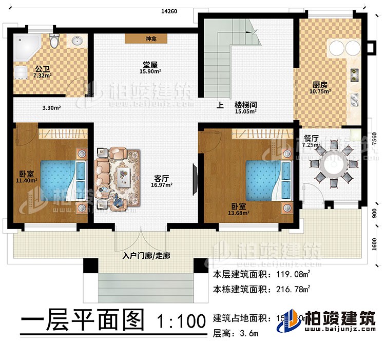 一層：入戶門廊/走廊、客廳、堂屋、神龕、樓梯間、廚房、餐廳、2臥室、公衛(wèi)