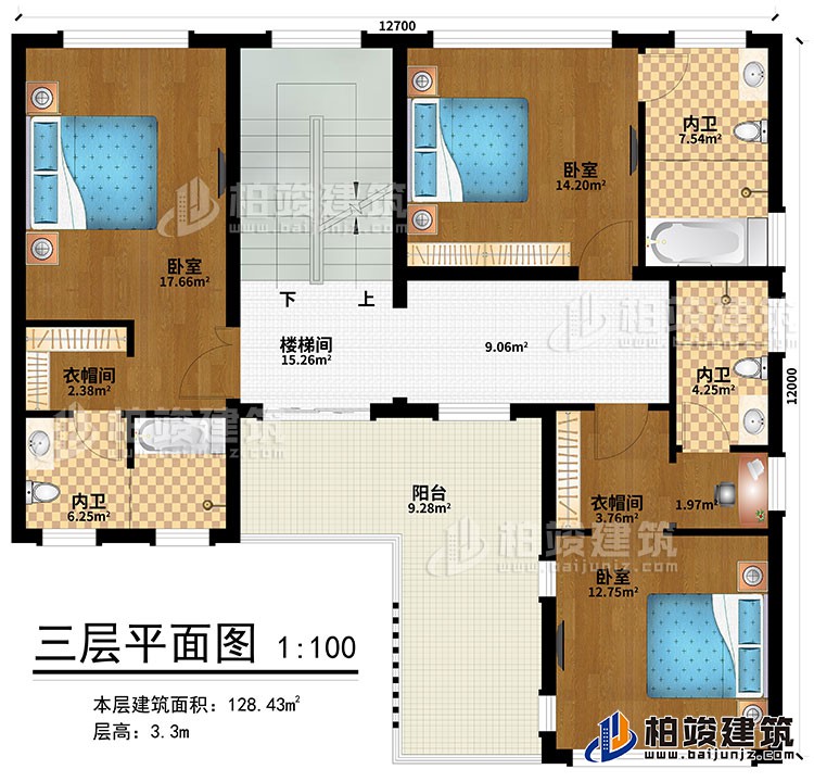 三層：樓梯間、3臥室、2衣帽間、3內(nèi)衛(wèi)、陽臺