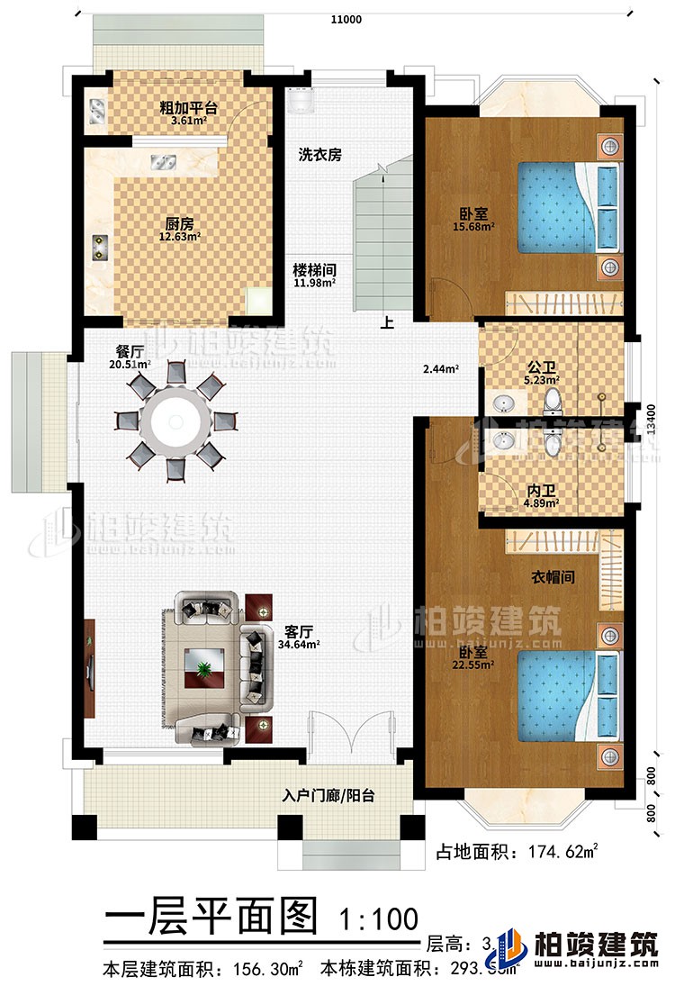 一層：入戶門廊/陽臺(tái)、客廳、餐廳、樓梯間、活衣房、廚房、粗加工平臺(tái)、2臥室、衣帽間、公衛(wèi)、內(nèi)衛(wèi)