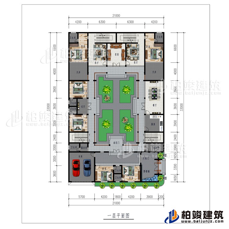 一層：月亮門、影壁墻、6臥室、車庫、6內(nèi)衛(wèi)、公衛(wèi)、儲(chǔ)藏室、廚房、餐廳、過廳、2天井2客廳、堂屋、垂花門