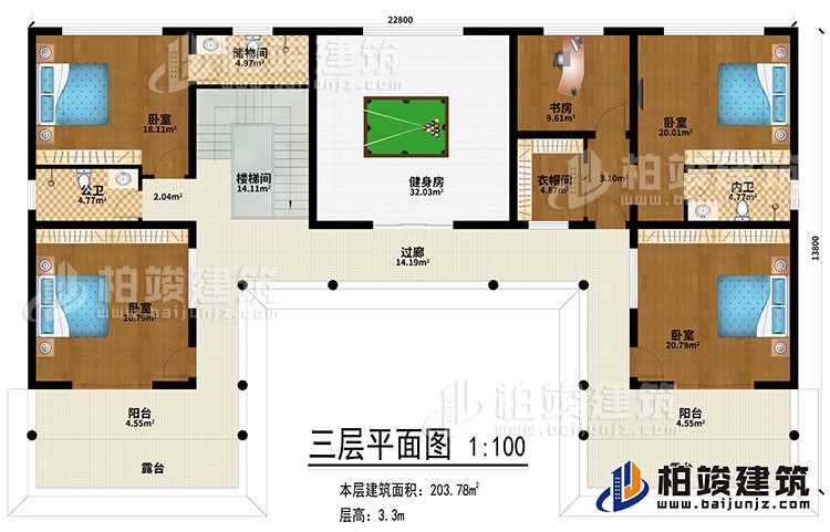 三層：健身房、過(guò)廊、樓梯間、4臥室、書(shū)房、衣帽間、公衛(wèi)、2內(nèi)衛(wèi)、2陽(yáng)臺(tái)、2露臺(tái)、