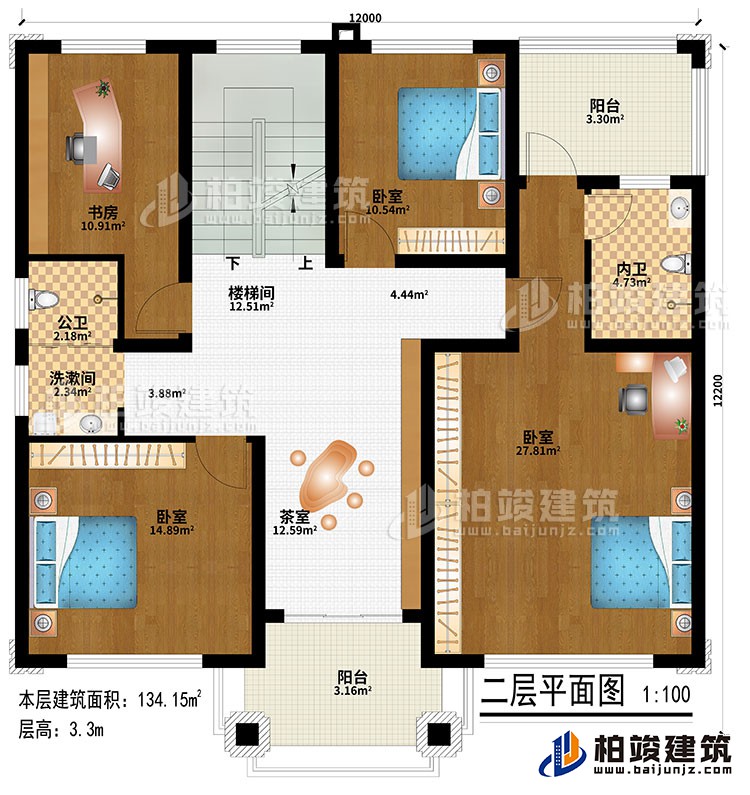 二層：樓梯間、茶室、3臥室、洗漱間、公衛(wèi)、內(nèi)衛(wèi)、2陽臺(tái)