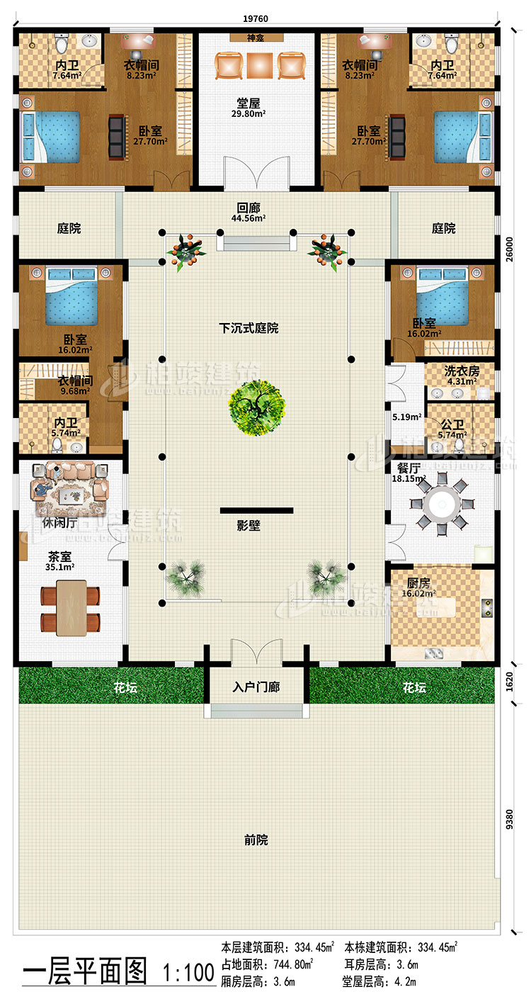 一層：前院、入戶(hù)門(mén)廊、影壁、下沉式庭院、回廊、2庭院、茶室、休閑廳、餐廳、廚房、堂屋、神龕、4臥室、3衣帽間、3內(nèi)衛(wèi)、公衛(wèi)、洗衣房