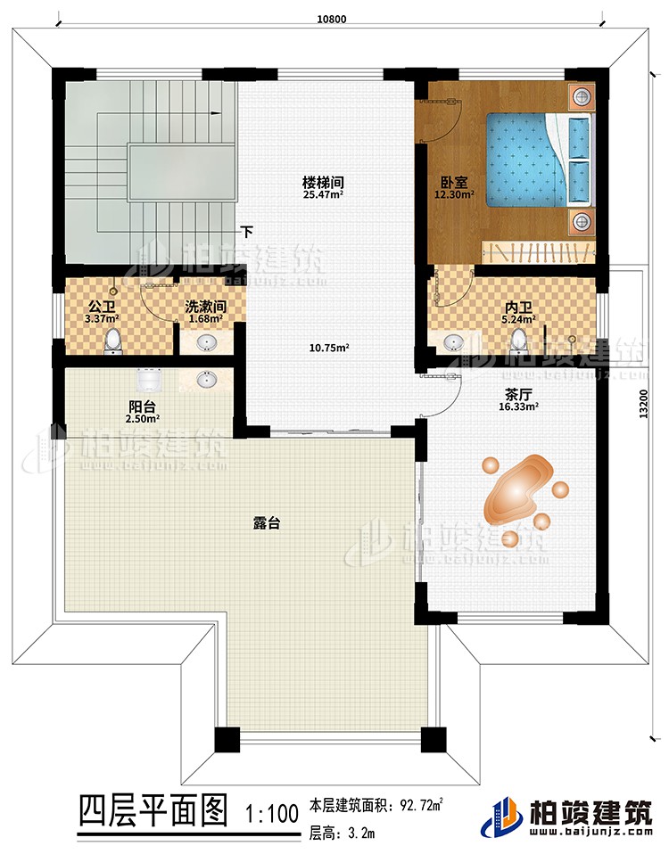 四層：樓梯間、臥室、洗漱間、公衛(wèi)、內(nèi)衛(wèi)、陽臺(tái)、露臺(tái)