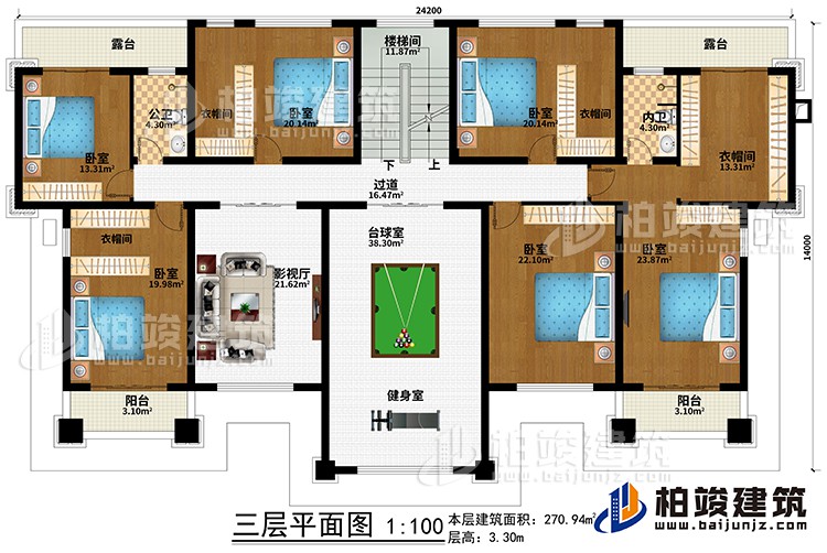 三層：過道、樓梯間、影視廳、臺球室、健身室、6臥室、4衣帽間、公衛(wèi)、內(nèi)衛(wèi)、2露臺、2陽臺